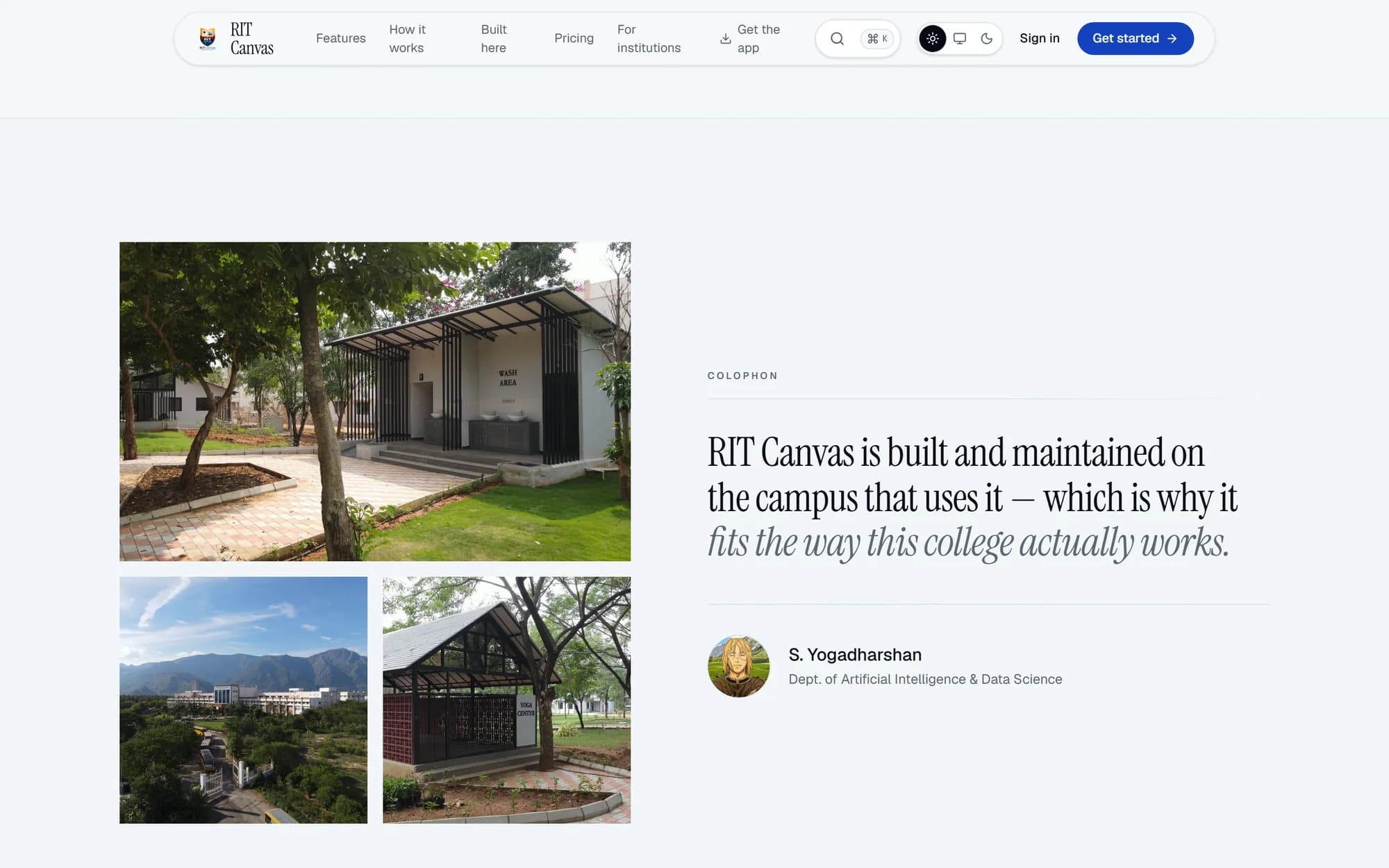 RIT Canvas colophon crediting S.Yogadharshan, Department of Artificial Intelligence and Data Science