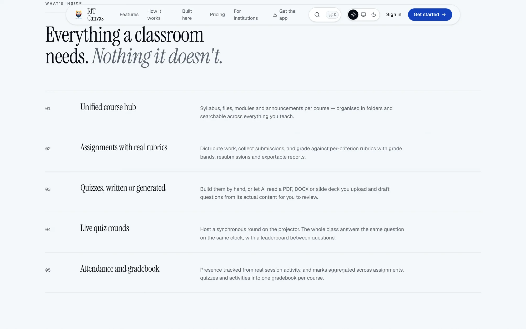 RIT Canvas feature list: course hub, rubric grading, generated quizzes, live rounds, attendance and gradebook