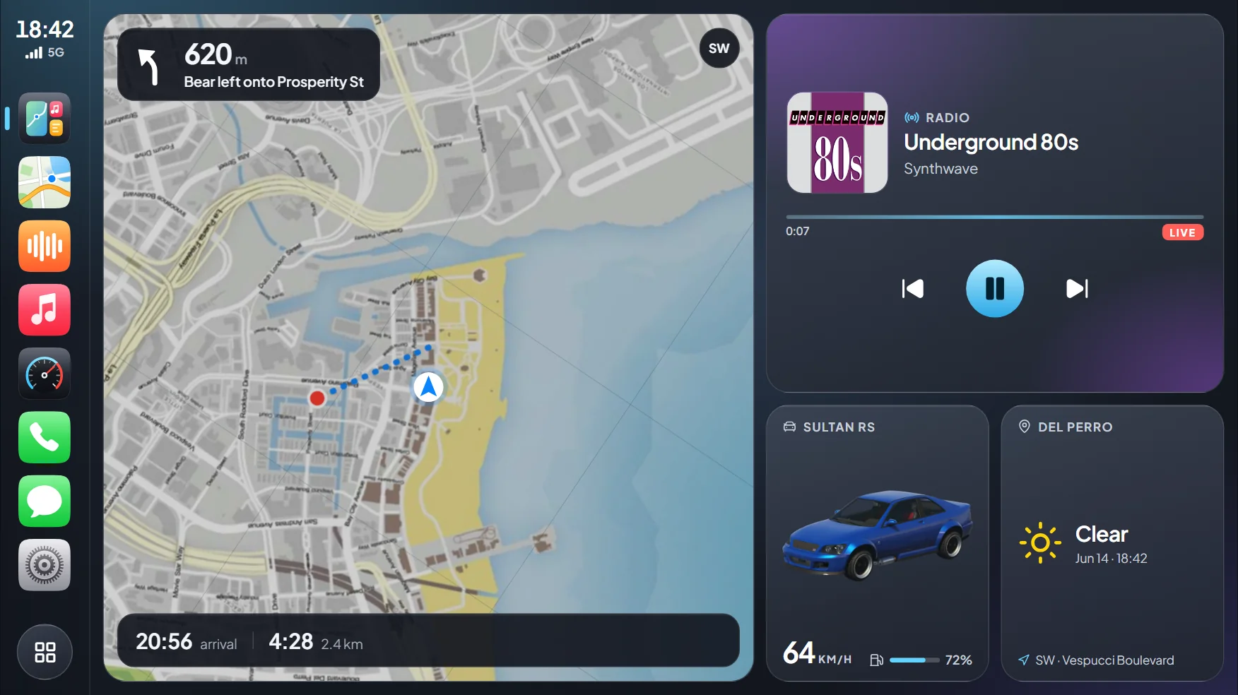 Solar CarPlay home screen with map, radio, speed and weather tiles