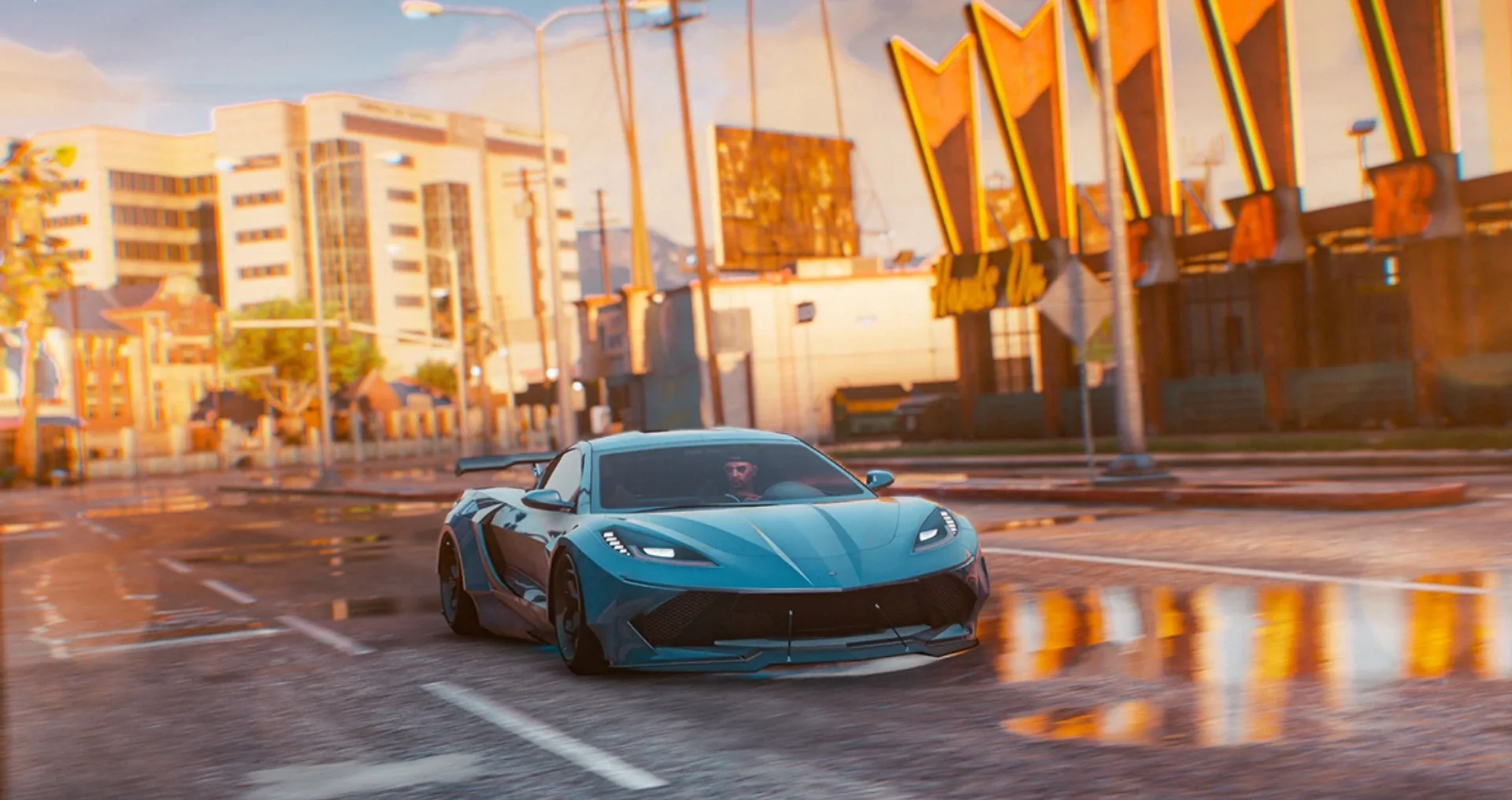 In-game GTA V scene at golden hour