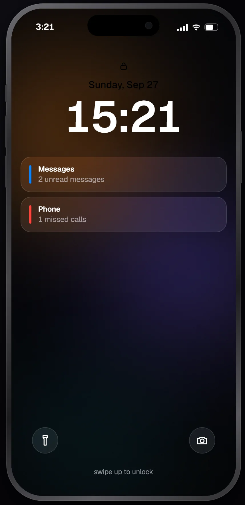 Solar Phone lock screen showing the time and two notifications